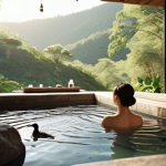 **

A serene hot spring spa scene with a person relaxing in the warm water. Focus on the peaceful atmosphere, the surrounding natural beauty, and elements that convey relaxation and tranquility. Consider birds, water sounds, and possibly spa treatment elements.

**