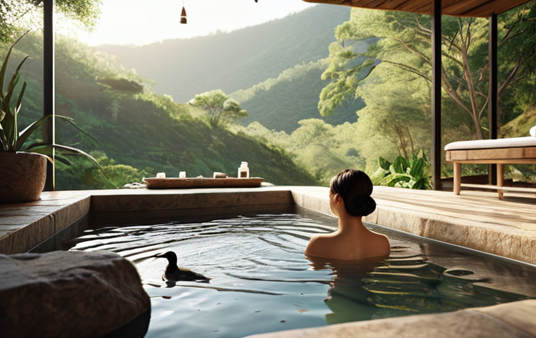 **

A serene hot spring spa scene with a person relaxing in the warm water. Focus on the peaceful atmosphere, the surrounding natural beauty, and elements that convey relaxation and tranquility. Consider birds, water sounds, and possibly spa treatment elements.

**