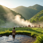 **

A serene valley scene at dawn. Hot springs are steaming gently, with the first rays of sunlight illuminating the mist. People are bathing in the springs, looking peaceful and relaxed. Lush green mountains surround the valley. Focus on the feeling of tranquility and natural beauty.

**
