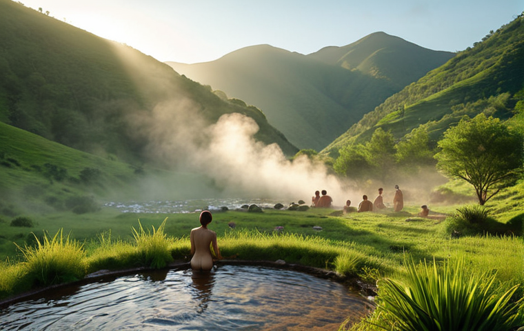 **

A serene valley scene at dawn. Hot springs are steaming gently, with the first rays of sunlight illuminating the mist. People are bathing in the springs, looking peaceful and relaxed. Lush green mountains surround the valley. Focus on the feeling of tranquility and natural beauty.

**