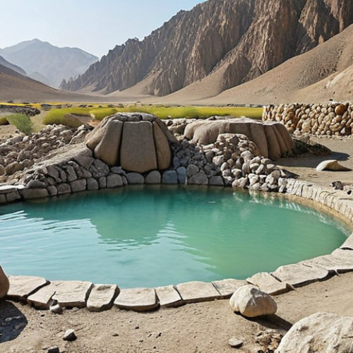 A serene landscape in Balochistan, Pakistan, featuring a natural hot spring surrounded by rocky terrain. Local people are bathing in the spring, with expressions of relaxation and therapeutic relief. The atmosphere is tranquil, with soft, diffused lighting to emphasize the healing and natural aspects.