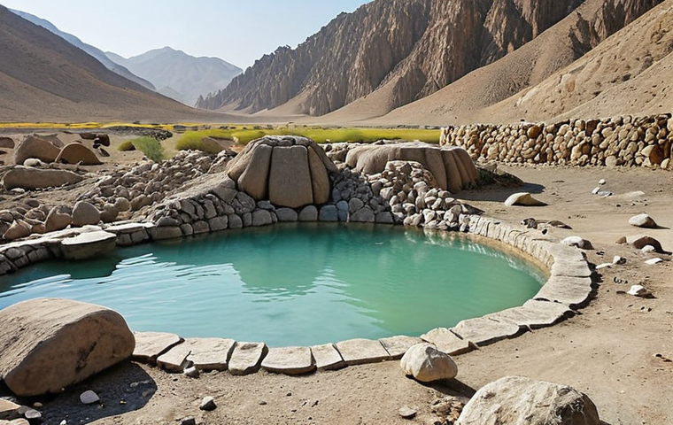 A serene landscape in Balochistan, Pakistan, featuring a natural hot spring surrounded by rocky terrain. Local people are bathing in the spring, with expressions of relaxation and therapeutic relief. The atmosphere is tranquil, with soft, diffused lighting to emphasize the healing and natural aspects.