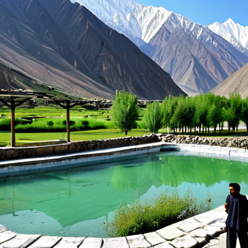 Natural Hot Spring Retreat**

"A scenic view of a natural hot spring nestled in the mountains of Northern Pakistan (Astor, Chitral, or Gilgit Baltistan region), with snow-capped peaks in the background, lush greenery surrounding the spring, and people enjoying the therapeutic waters, fully clothed in modest swimwear, appropriate attire, safe for work, perfect anatomy, natural proportions, high-resolution photography, family-friendly, appropriate content."

**