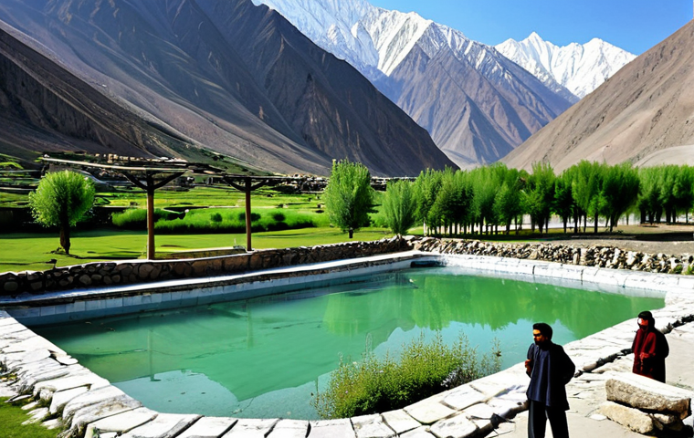 Natural Hot Spring Retreat**

"A scenic view of a natural hot spring nestled in the mountains of Northern Pakistan (Astor, Chitral, or Gilgit Baltistan region), with snow-capped peaks in the background, lush greenery surrounding the spring, and people enjoying the therapeutic waters, fully clothed in modest swimwear, appropriate attire, safe for work, perfect anatomy, natural proportions, high-resolution photography, family-friendly, appropriate content."

**